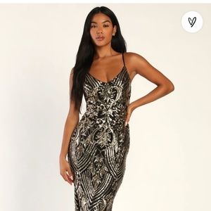 Lulus Black and Gold Sequin Mermaid Dress